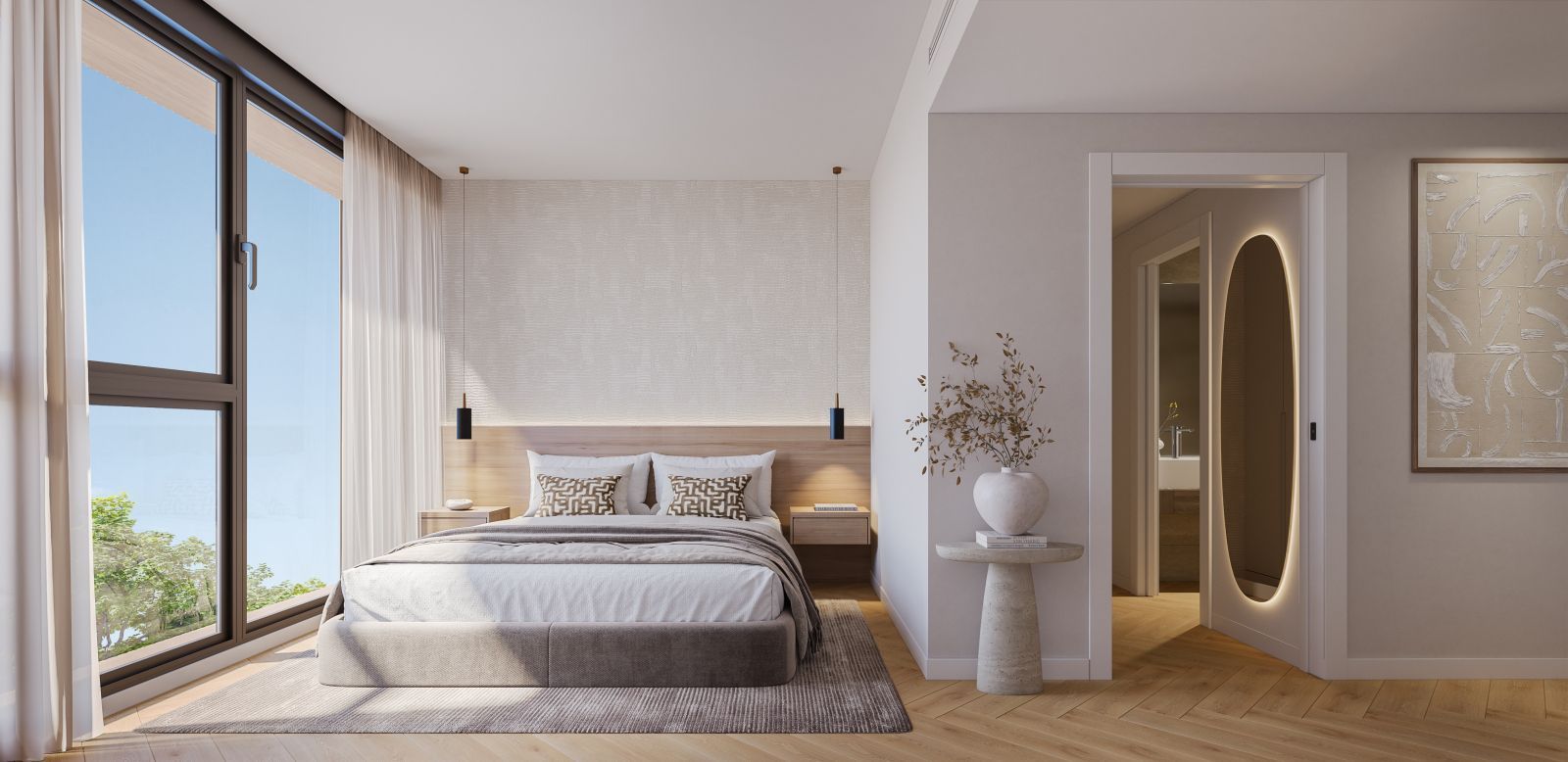 Modern bedroom with large window overlooking greenery, wooden floor, and minimalist decor.