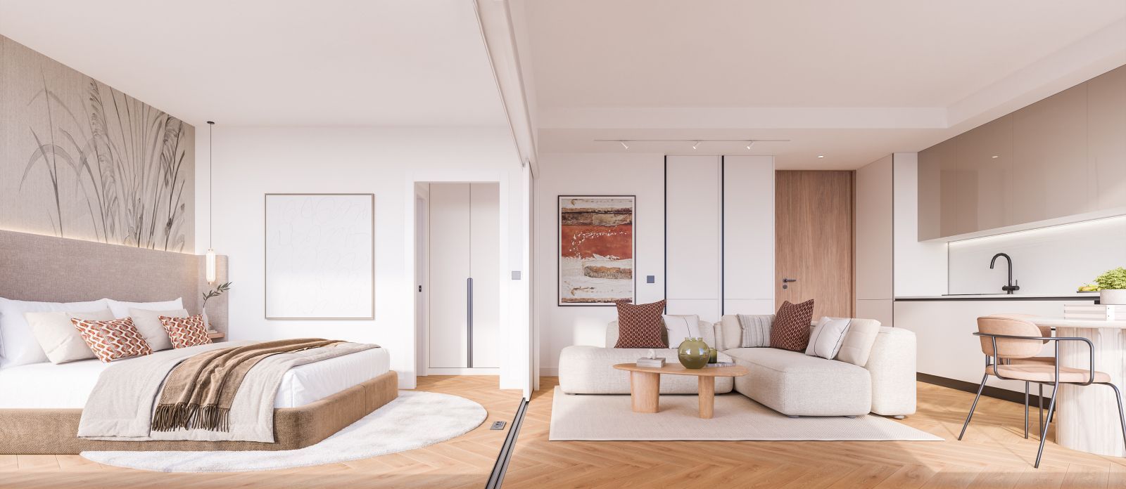 Modern bedroom and living area with white furniture, wooden floors, and abstract wall art.