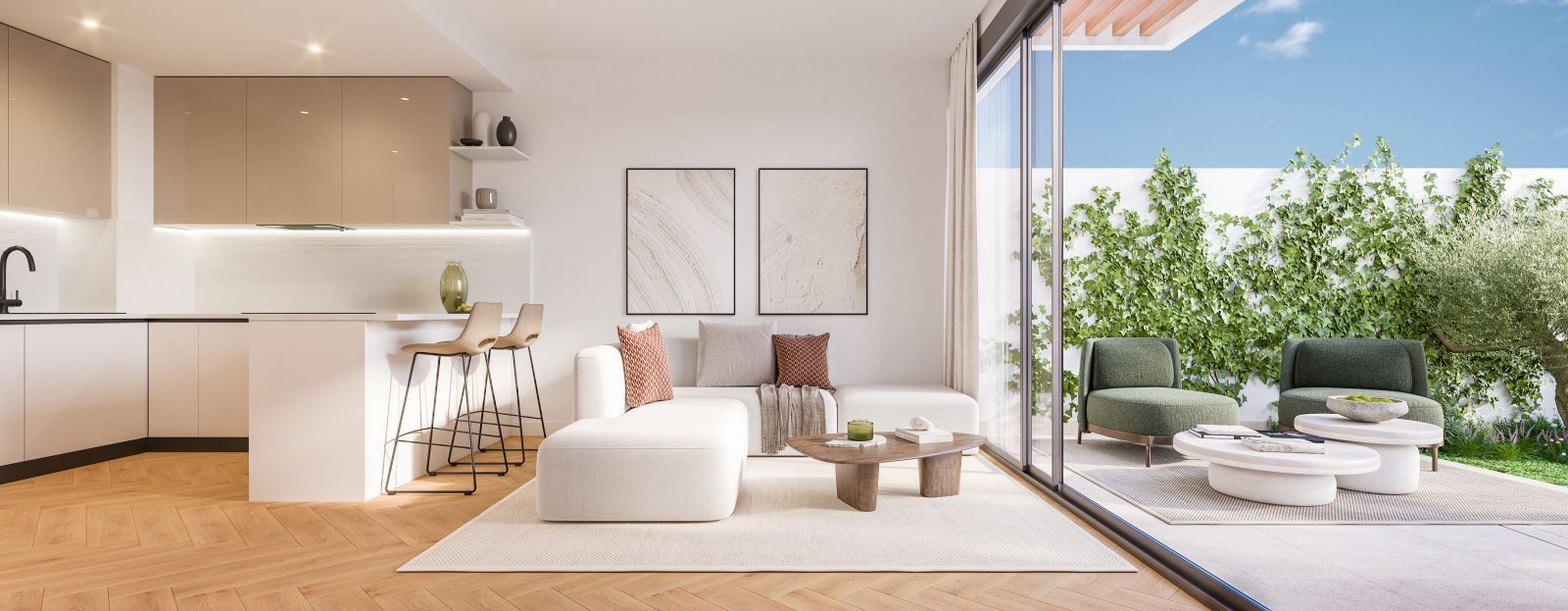 Modern living room with kitchen, large windows, and outdoor garden view.