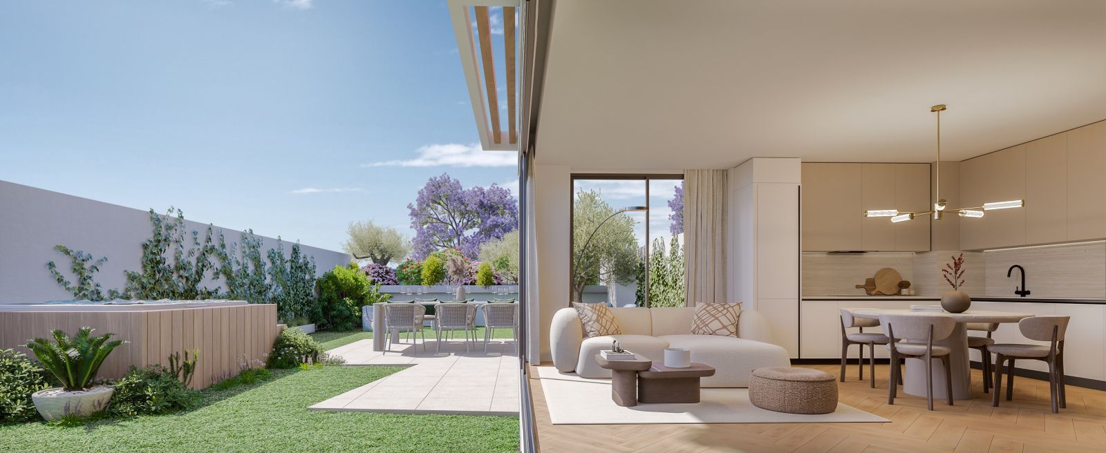Modern living room with open patio, garden, hot tub, and dining area under clear sky.