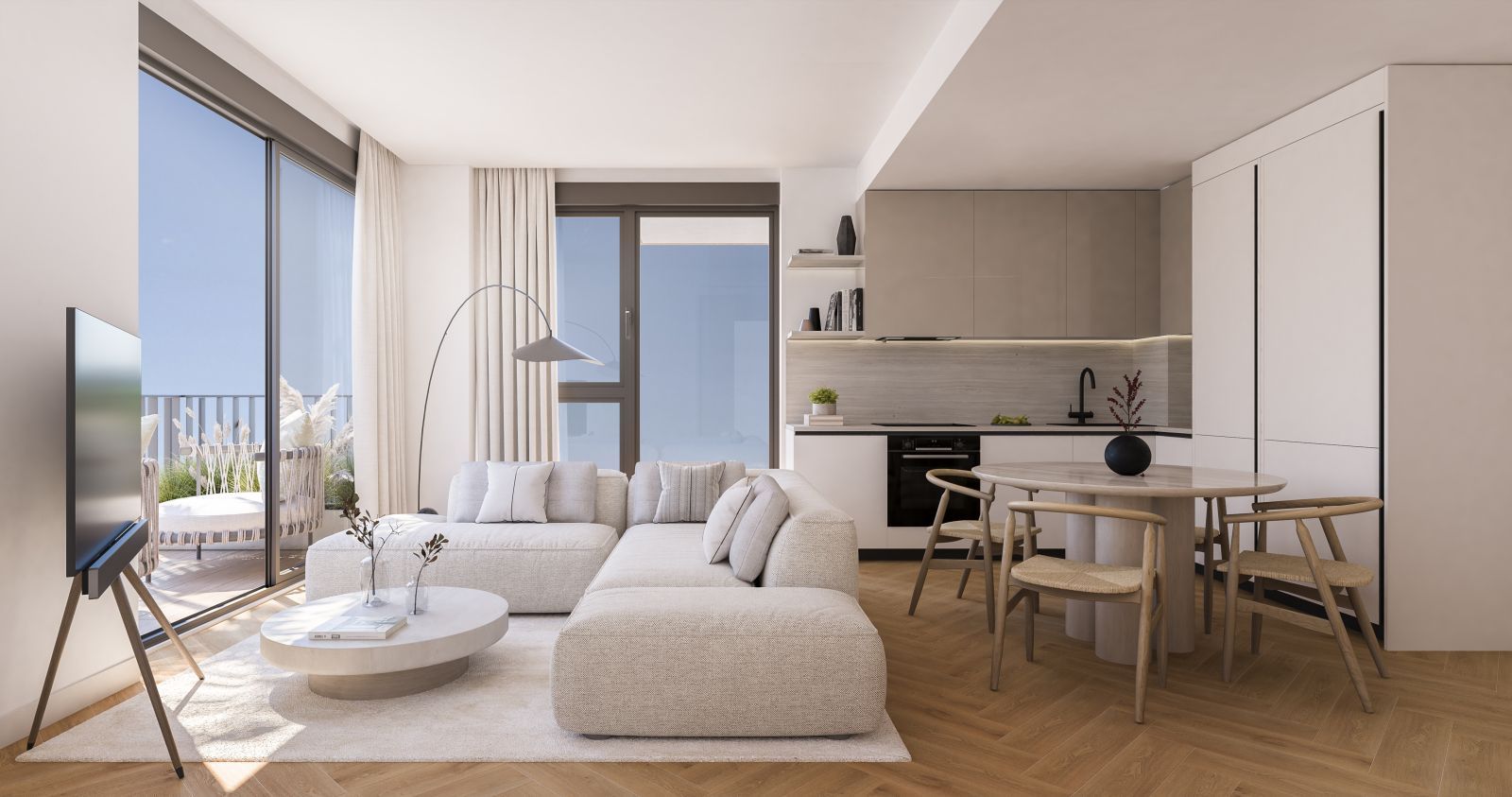 Modern living room with large windows, balcony view, white sofa, round table, and open kitchen.